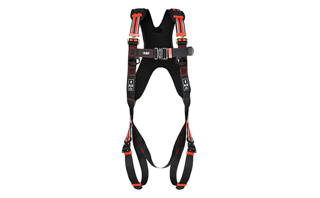 Een veiligheidsharnas voor werken op hoogte met schouderriemen met vulling en kliksluitingen.