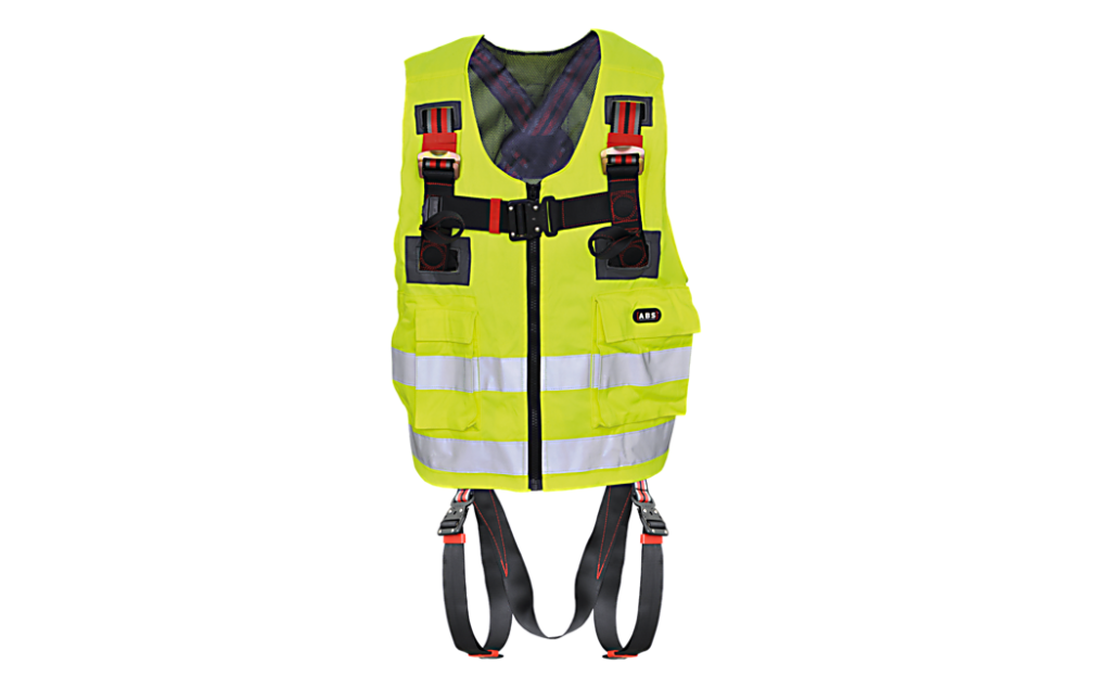 Neongeel veiligheidsvest met geïntegreerde harnasgordel voor valbeveiliging.