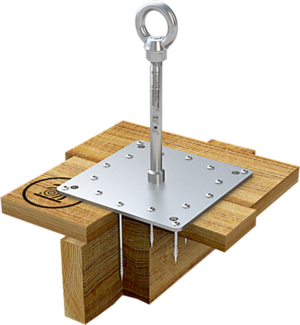Een ankerpunt voor valbeveiliging dat met 14 korte en 2 lange schroeven op hout wordt gemonteerd.